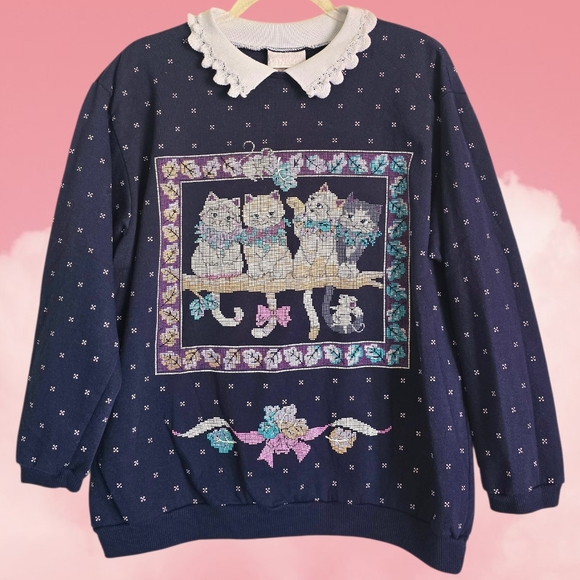 Spumoni Tops - 🎀Vintage SPUMONI Cat Embroidered Style Lacey Collared Sweatshirt🎀